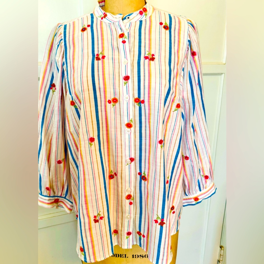 Anthropologie, Pilcrow, szL, stripe shirt w/ bead flowers crochet insert Stripes